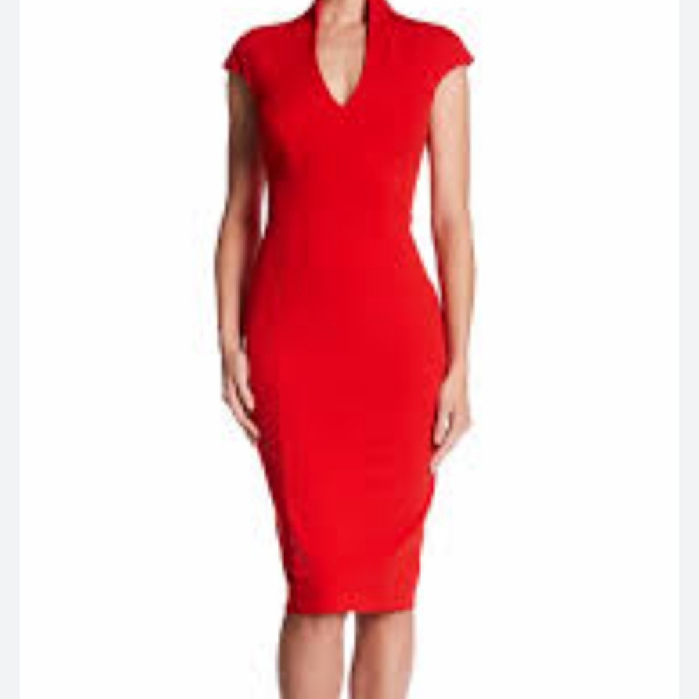 NWT.  Red Cap sleeve Midi U neck Bodycon Dress